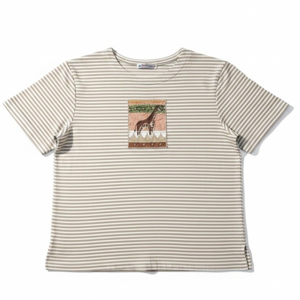 Teddi Tan White‎ Striped Giraffe Embroidered Short Sleeve Top, Women's Large